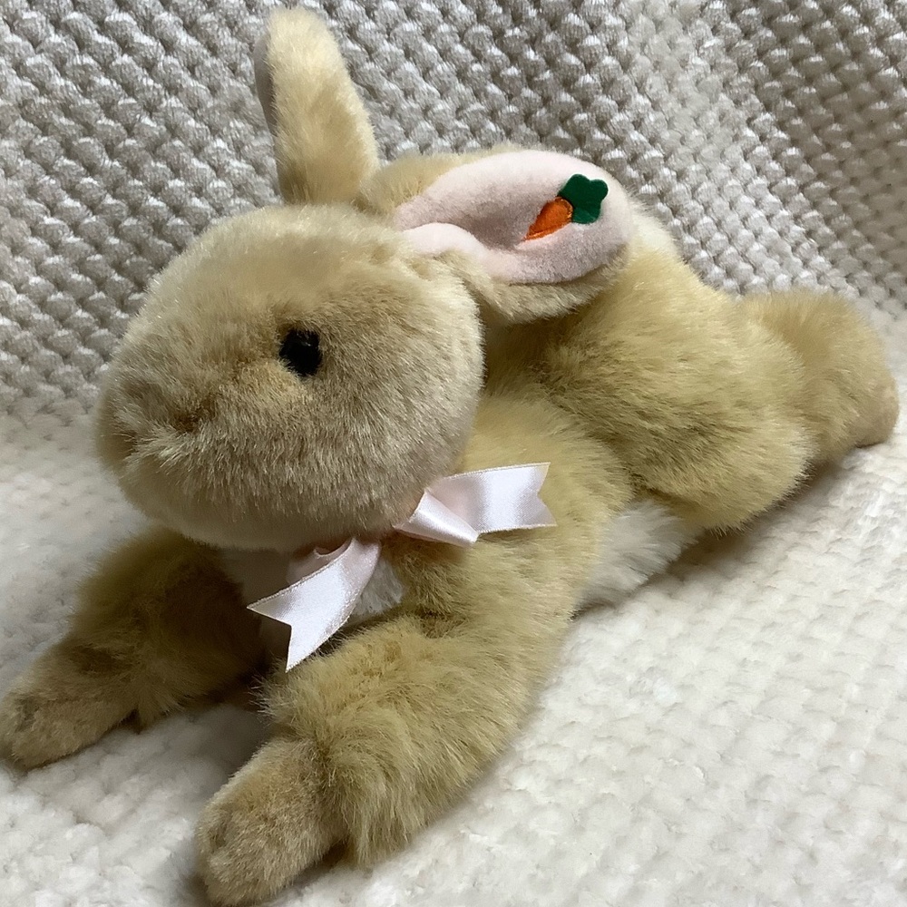 WAL-MART Plush Light Tan Laying Down Bunny Rabbit Stuffed Animal w Carrot on Ear